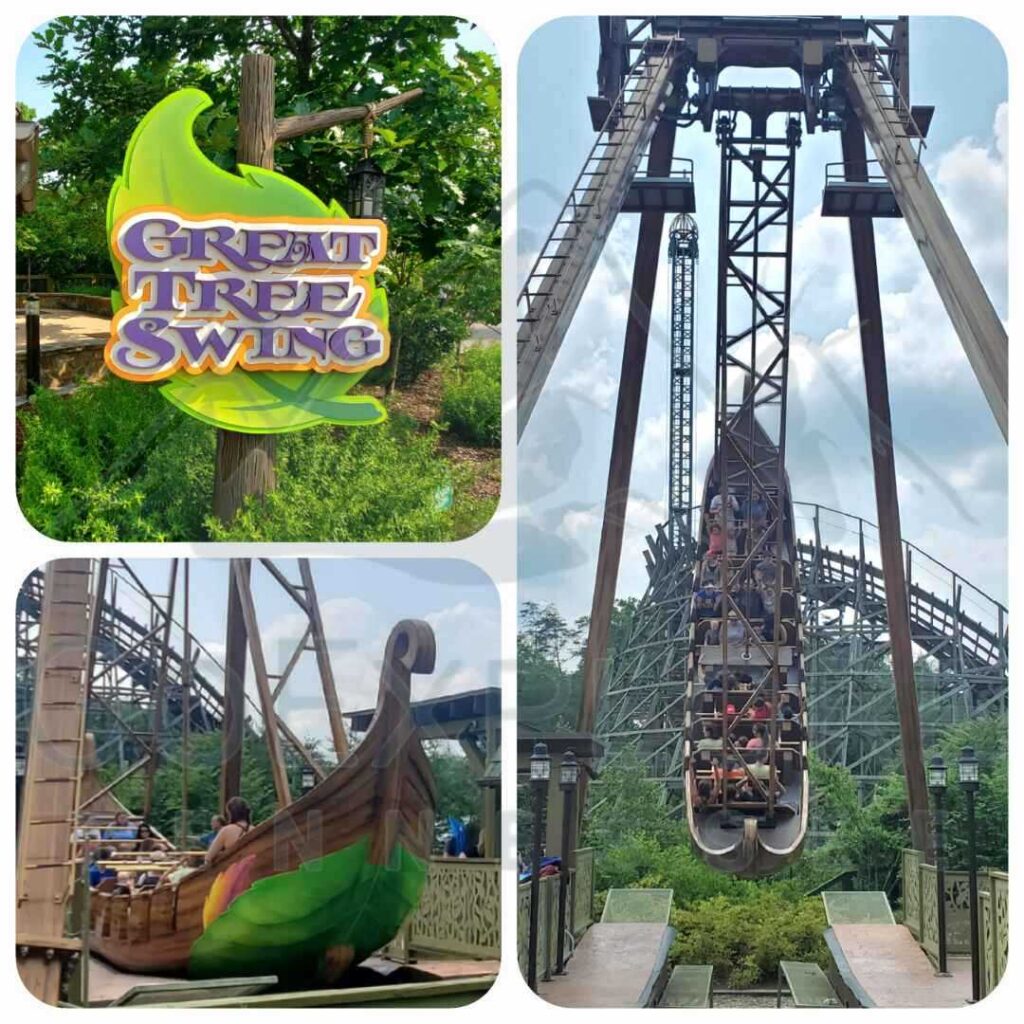 images of the Great Tree Swing a Family Friendly Ride located in Wildwood Grove area inside of Dollywood's theme park