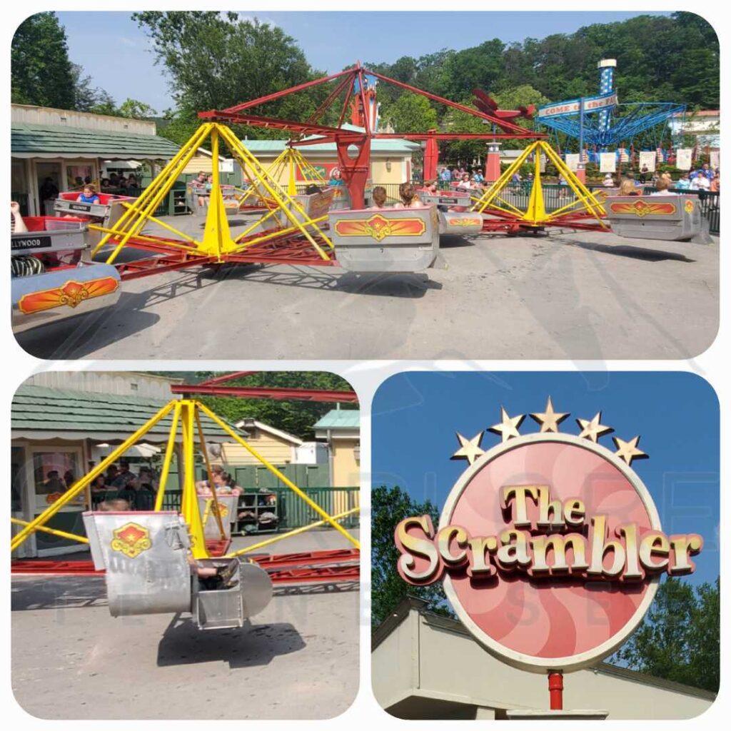 images of The Scrambler a Family Friendly Ride located in the County Fair area inside of Dollywood's theme park