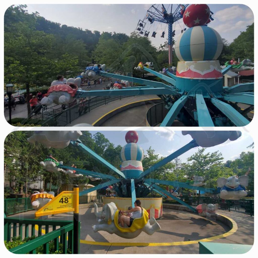 images of The Amazing Flying Elephants a Family Friendly Ride located in the County Fair area inside of Dollywood's theme park