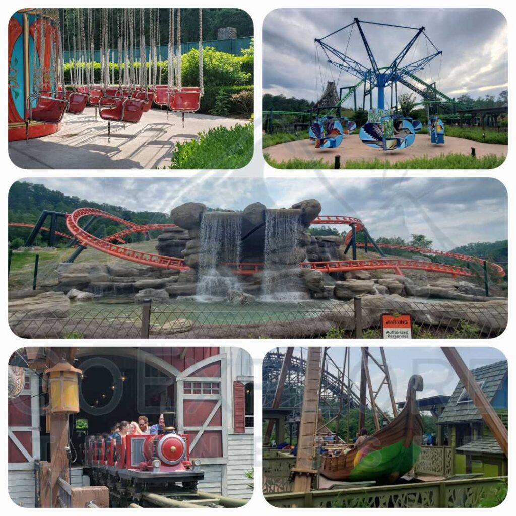 images of family Friendly Rides on varies locations of Dollywood's theme park.