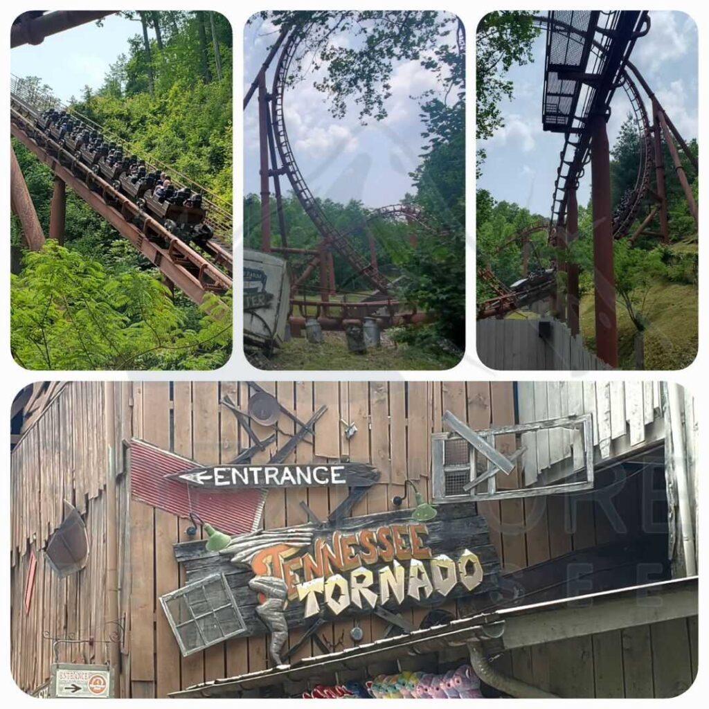 images of The Tennessee Tornado a Thrill Ride located in the Craftsman's Valley area inside of Dollywood's theme park