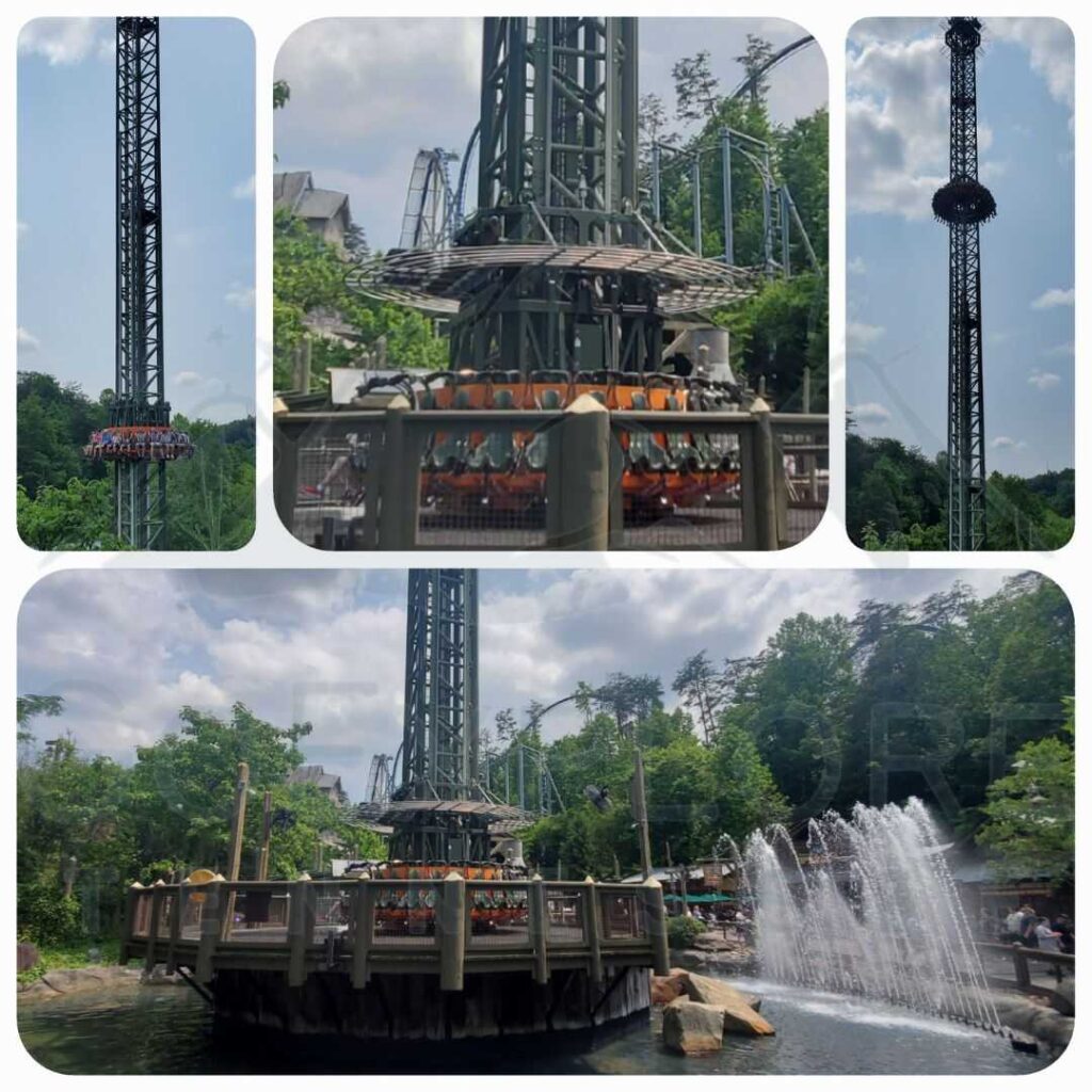 images of The Drop Line a Thrill Ride located in the Timber Canyon area inside of Dollywood's theme park