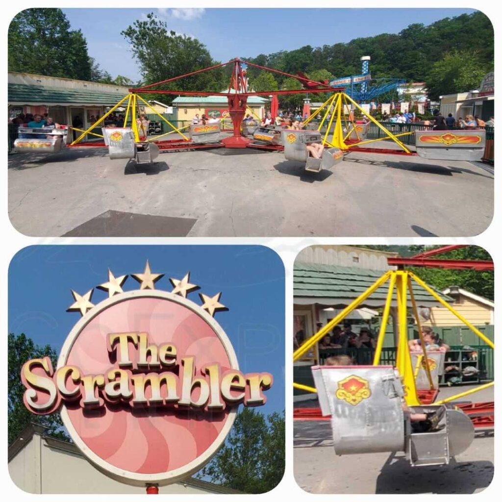 images of The Scrambler a Thrill Ride located in the County Fair area inside of Dollywood's theme park