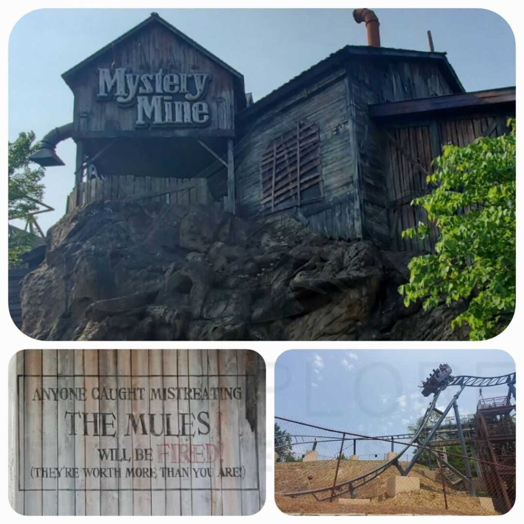 images of The Mystery Mine a Thrill Ride located in the Timber Canyon area inside of Dollywood's theme park