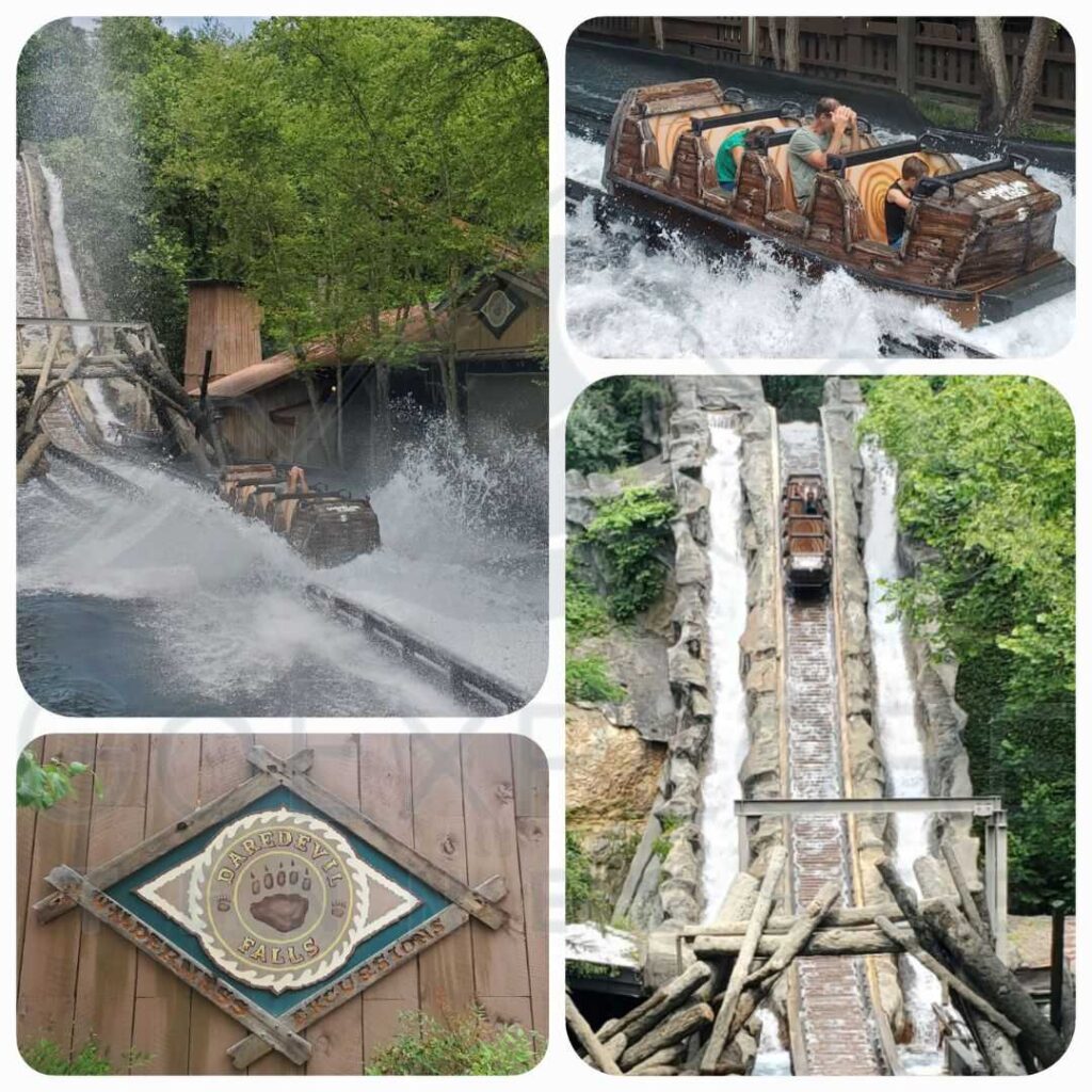 images of The Daredevil Falls a Thrill Ride located in the Craftsman's Valley area inside of Dollywood's theme park