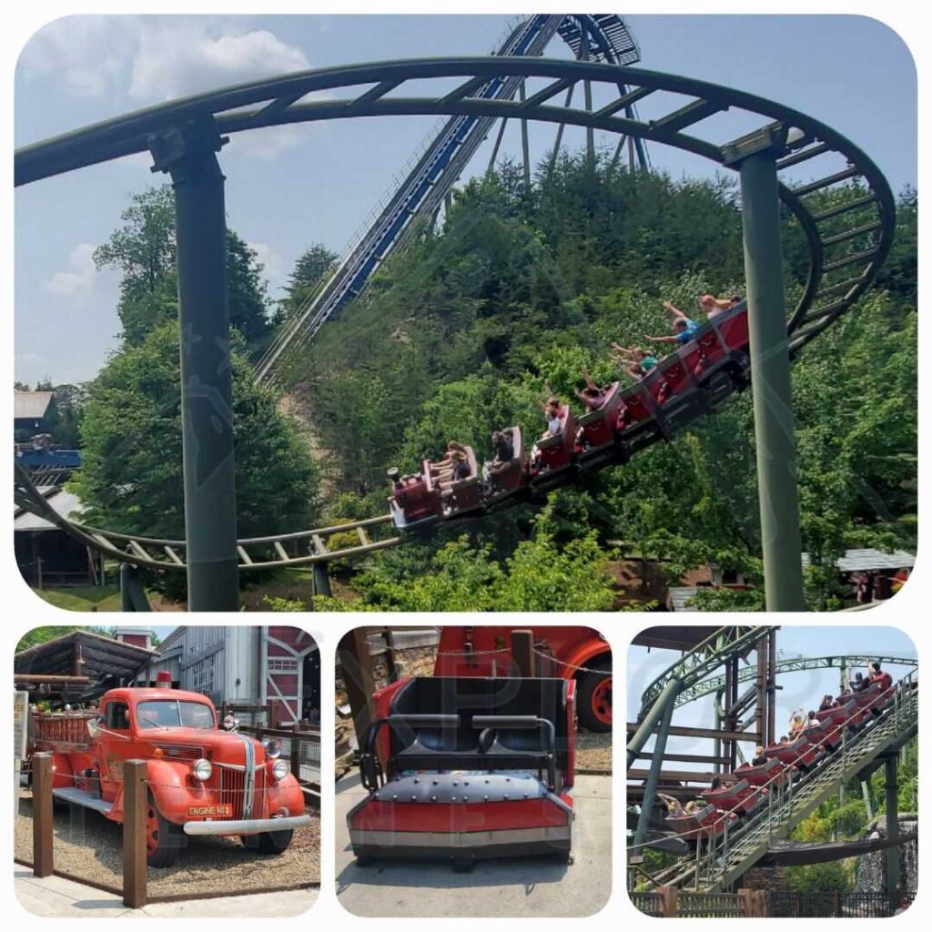 images of The FireChaser Express a Thrill Ride located in the Wilderness Pass area inside of Dollywood's theme park