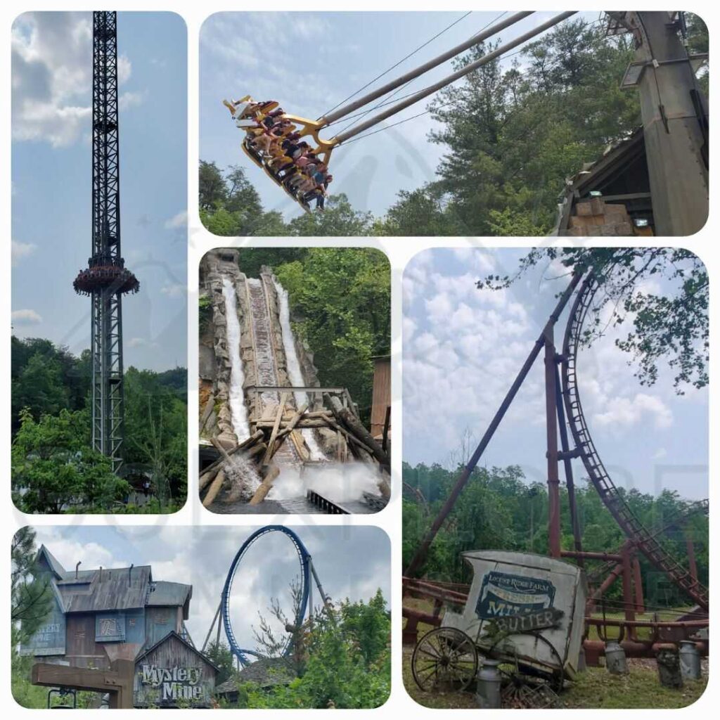 images of The Blazing Fury a Family Friendly Ride located in the Craftsman's Valley area inside of Dollywood's theme park