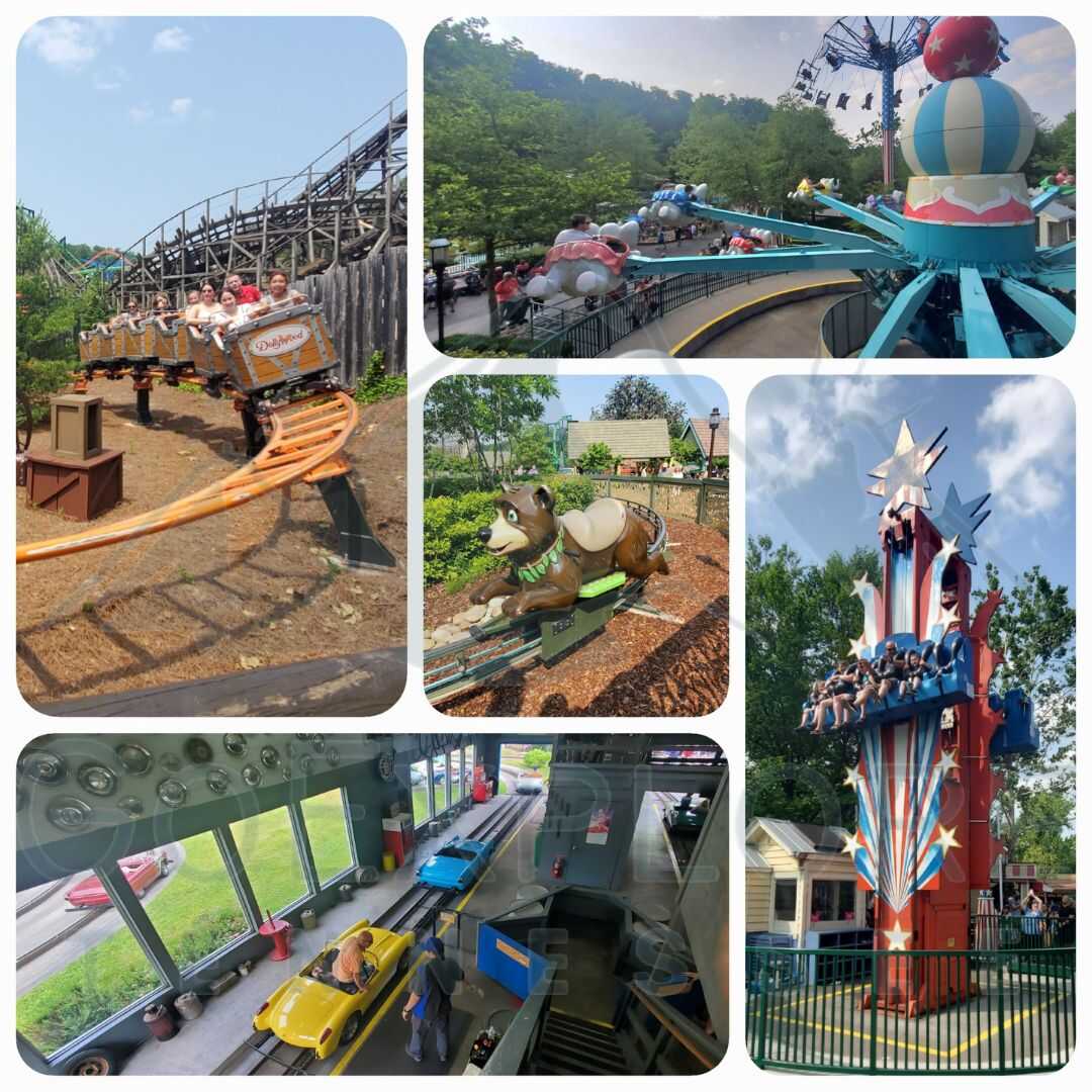 collage image of dollywood's kid rides, dollywood roller coaster with people, dollywood car ride, dollywood garage, dollywood kid drop tower, dollywood bear, dollywood flying elephants.