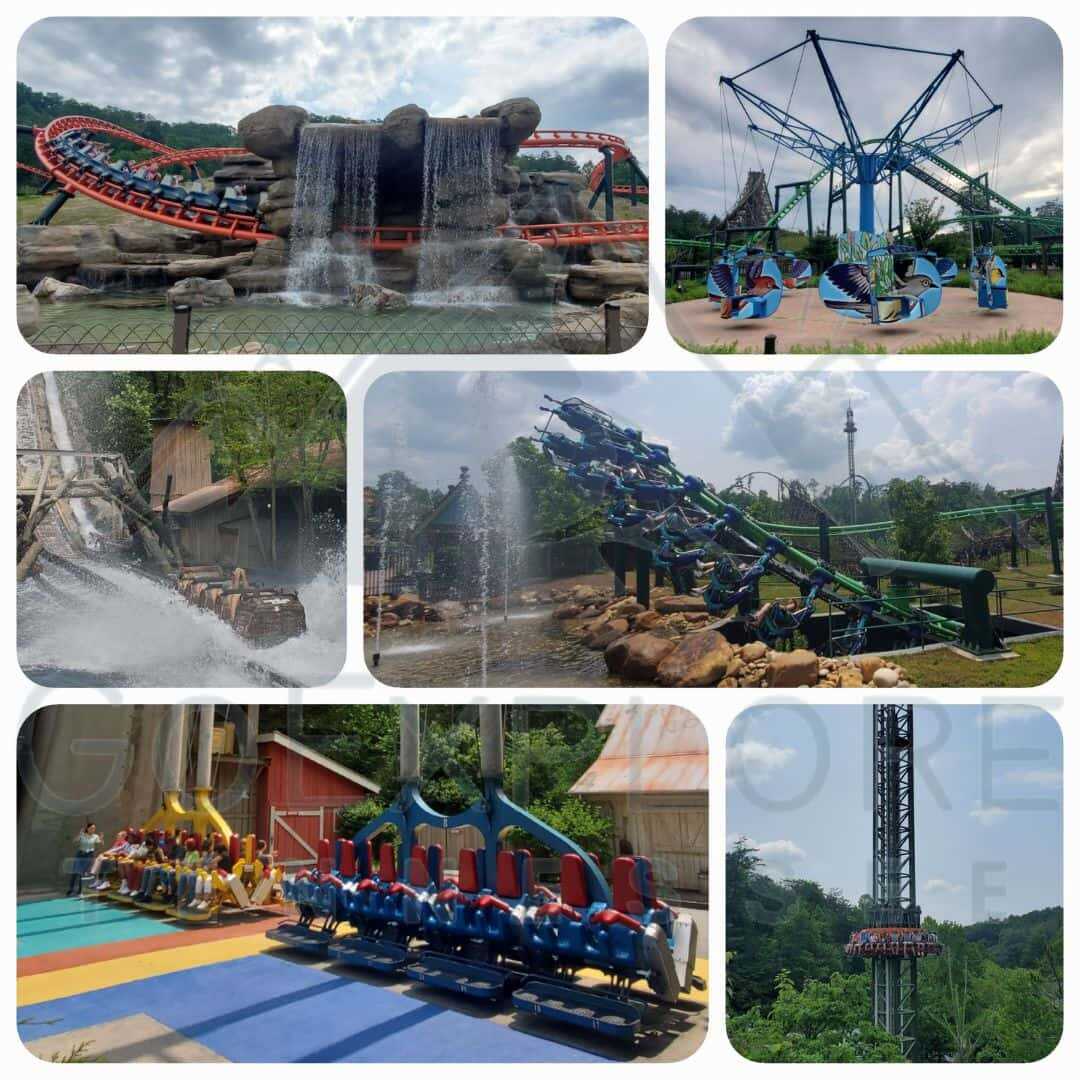 collage of images from dollywood thrill rides, dollywood roller coasters, dollywood water rides, people sitting on the seats of a thrill ride and dollywood drop tower.