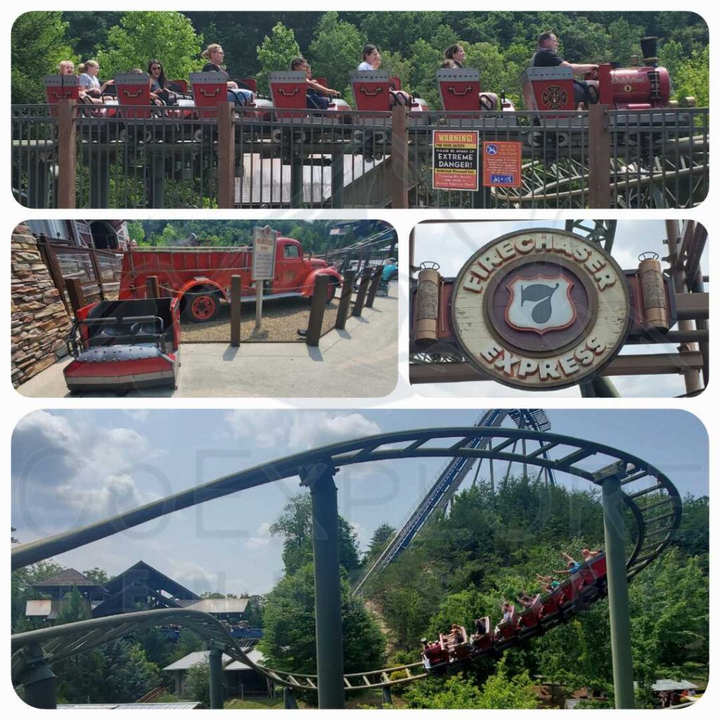 images of FireChaser Express a Family Friendly Ride located in Wilderness Pass area inside of Dollywood's theme park